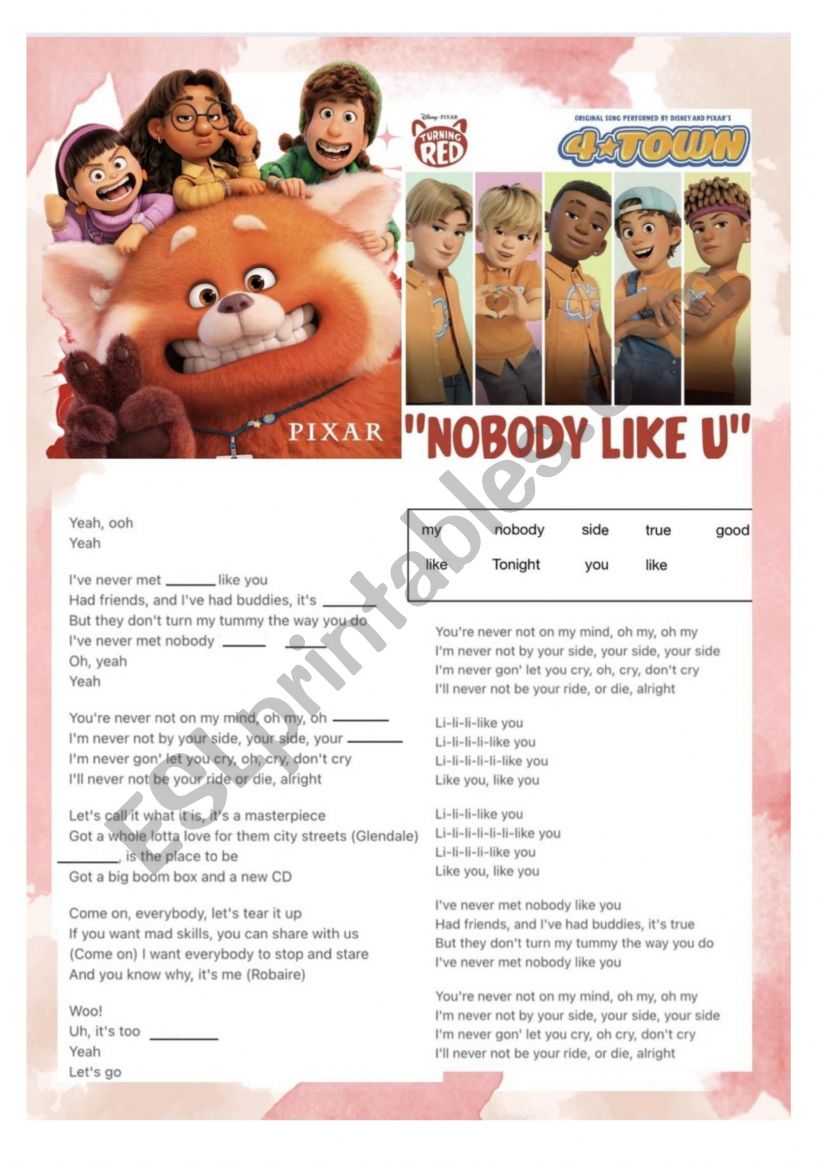 Song NOBODY LIKE YOU.  worksheet