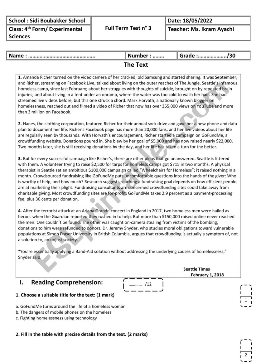 4th Form - Experimental Sciences - Full Term Test n 3