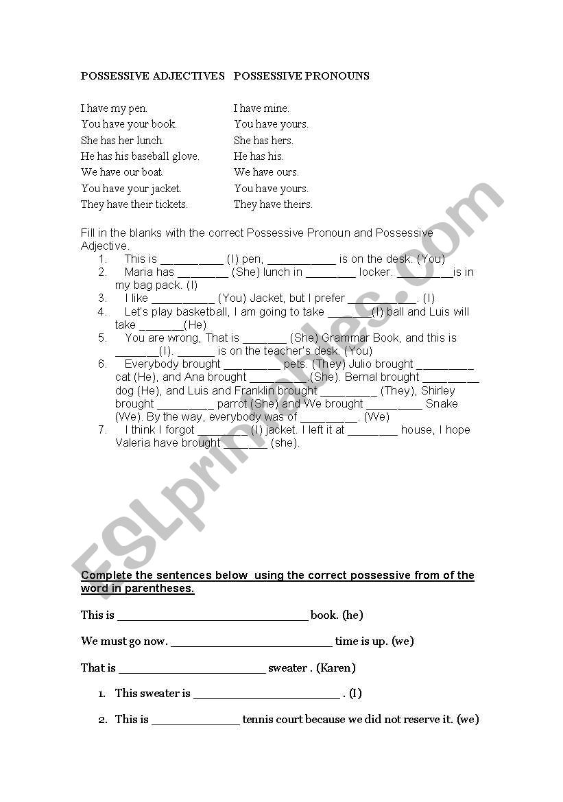 possesive adjectives worksheet