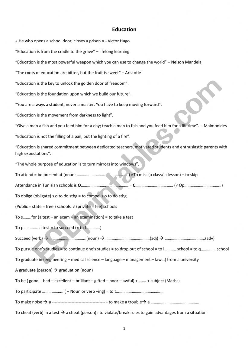 Education -9th form worksheet