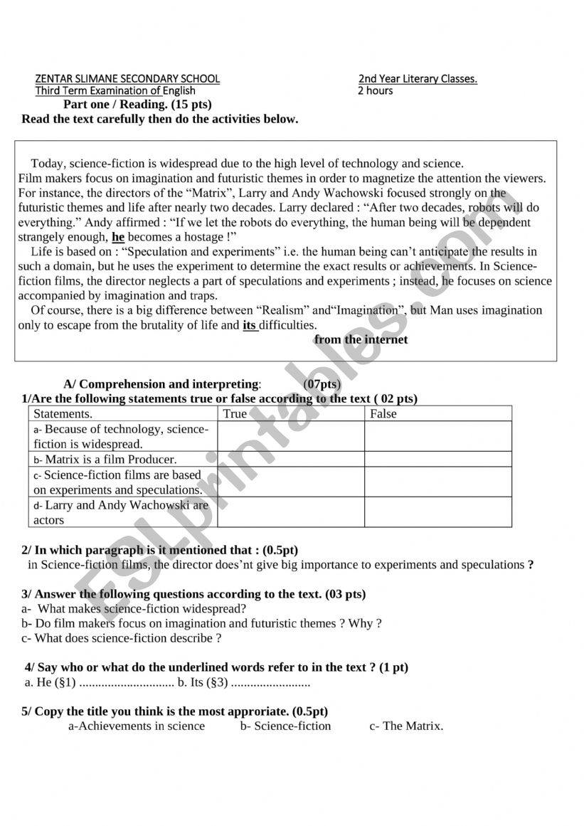 Third Term Examination of English 2nd Year LiteraryClasses.by Teacher Samia Merdes                                                                                                                              