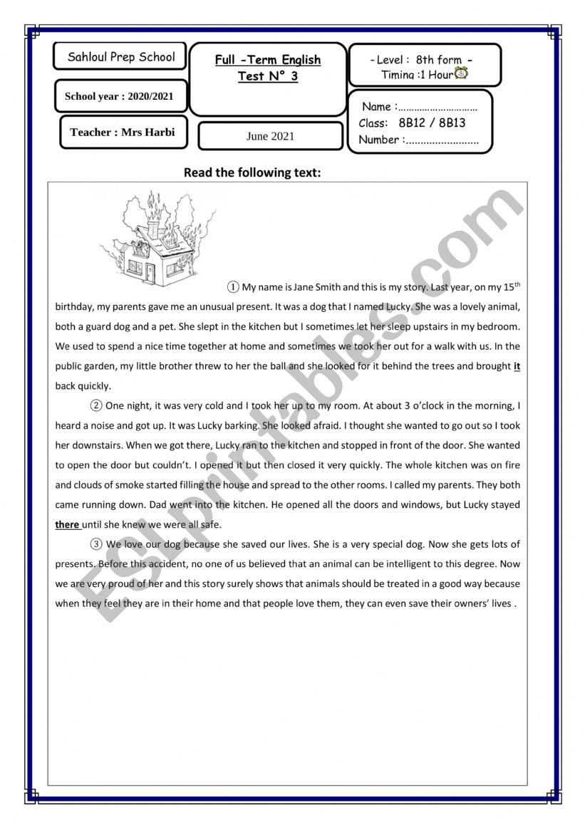 End Of Term test 3 8th form worksheet