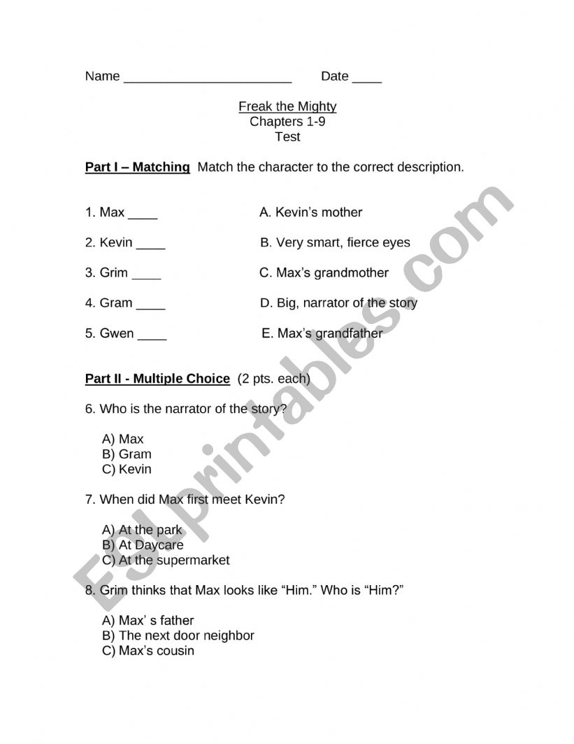 Freak The Mighty Test worksheet