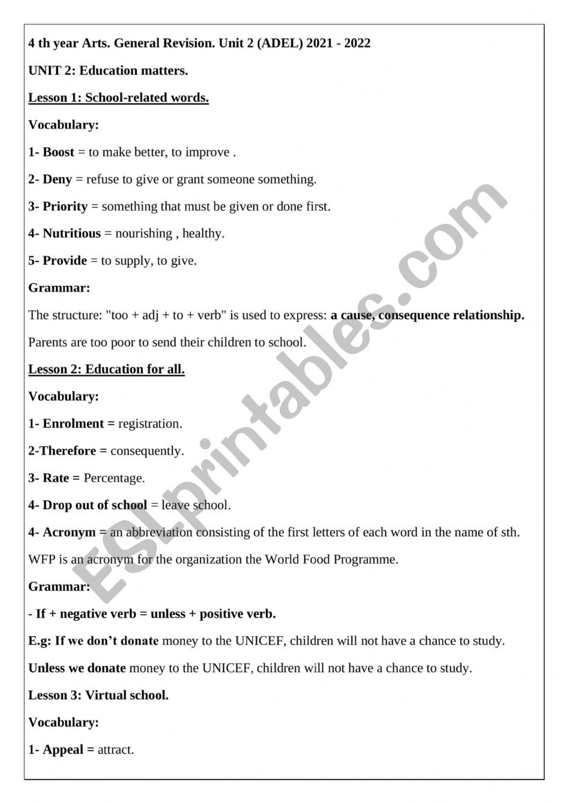 4th year General revision Unit 2 