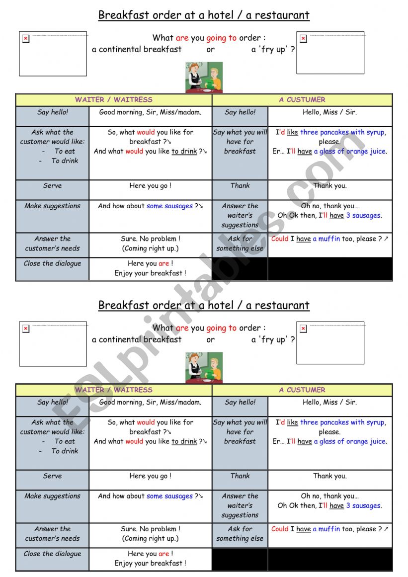 Breakfast order pairwork worksheet
