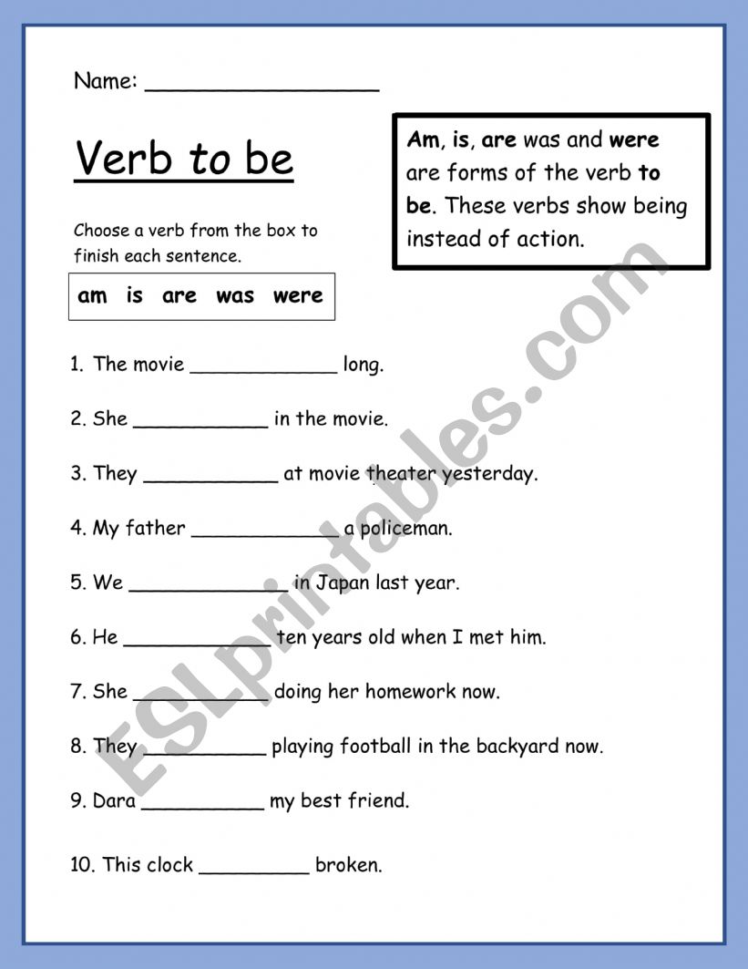 Verb to be Worksheet worksheet