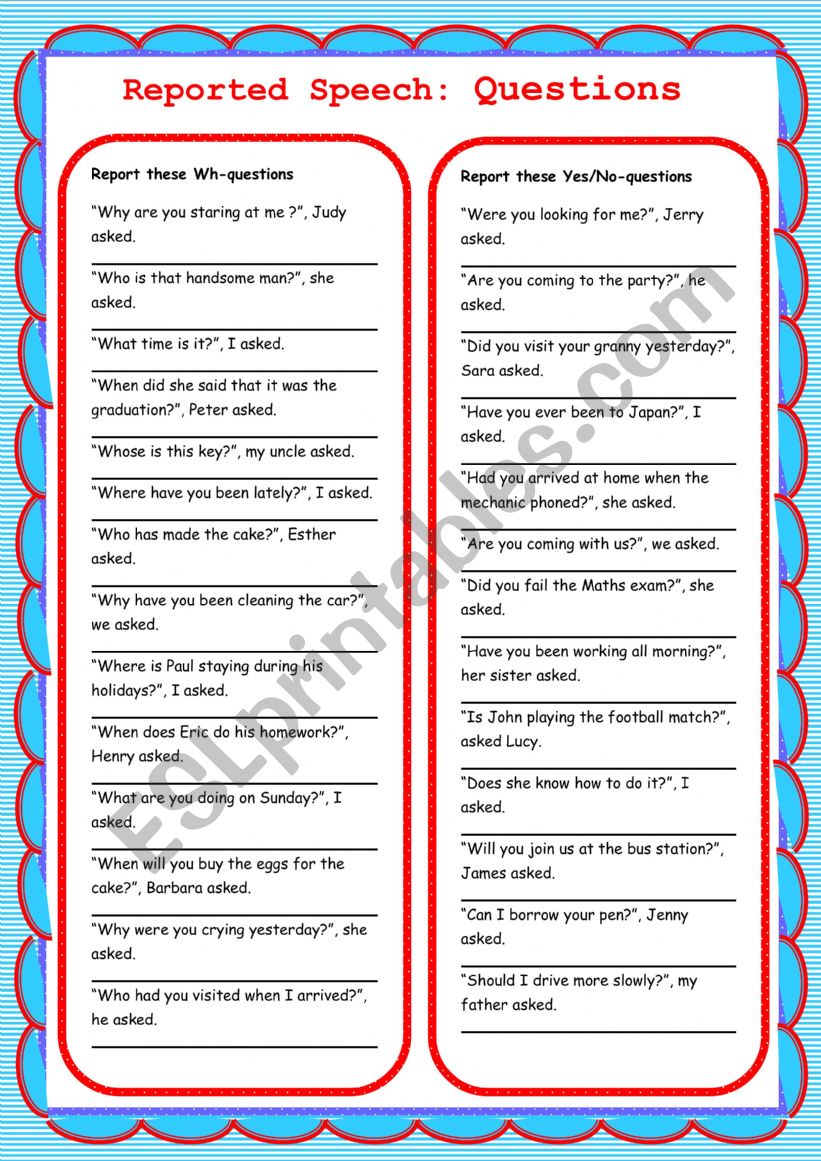 Reported speech: Questions worksheet