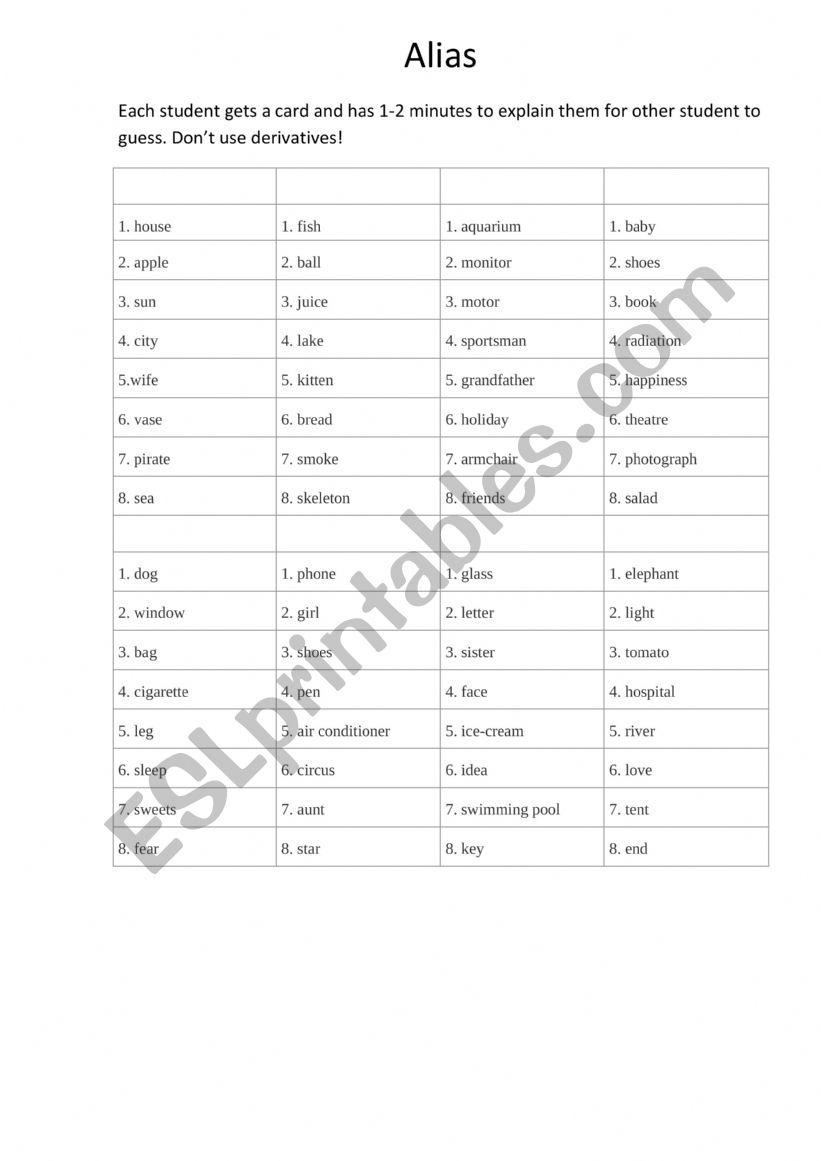 Alias worksheet