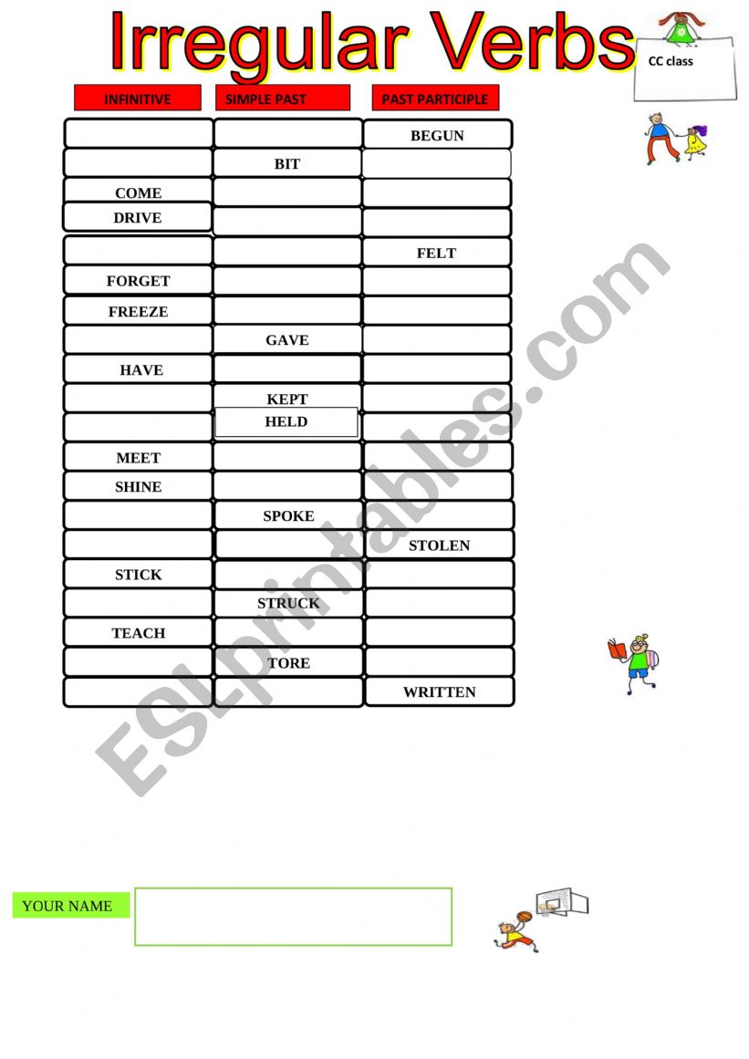 Irregular verbs test 3 worksheet