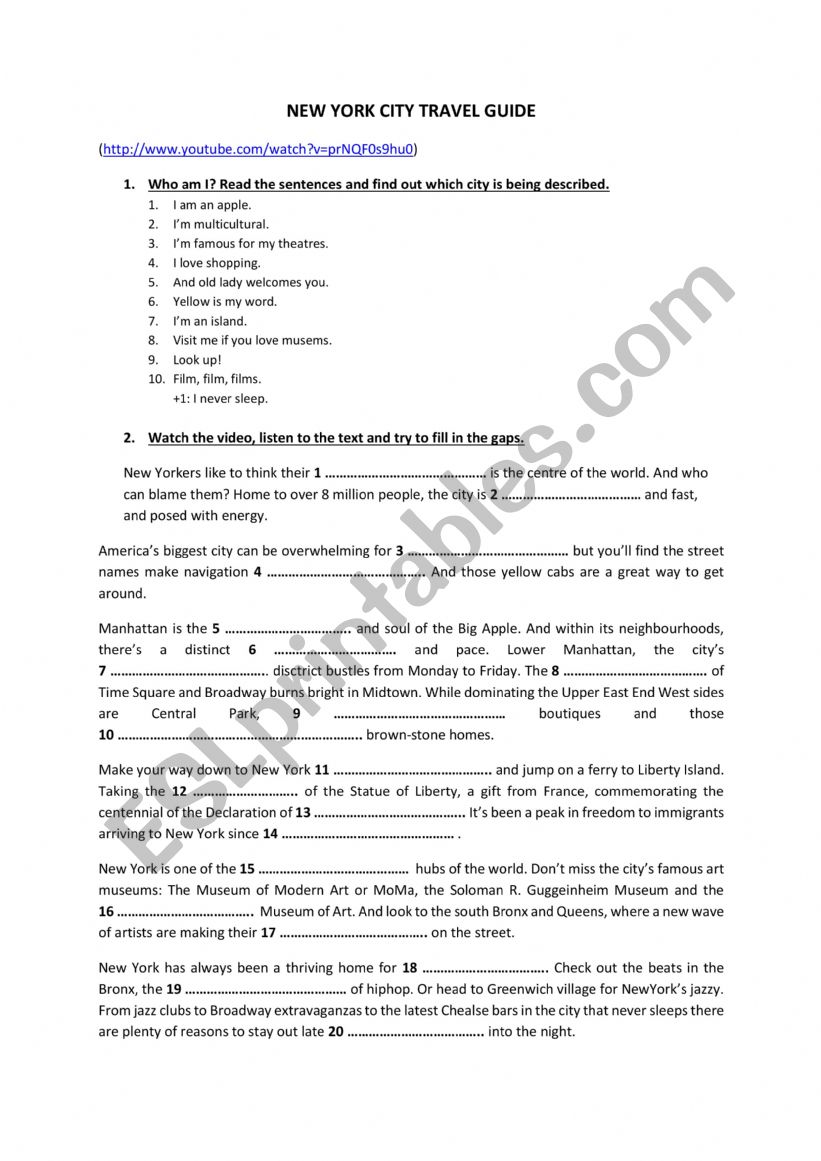 New York City Guide Tour worksheet