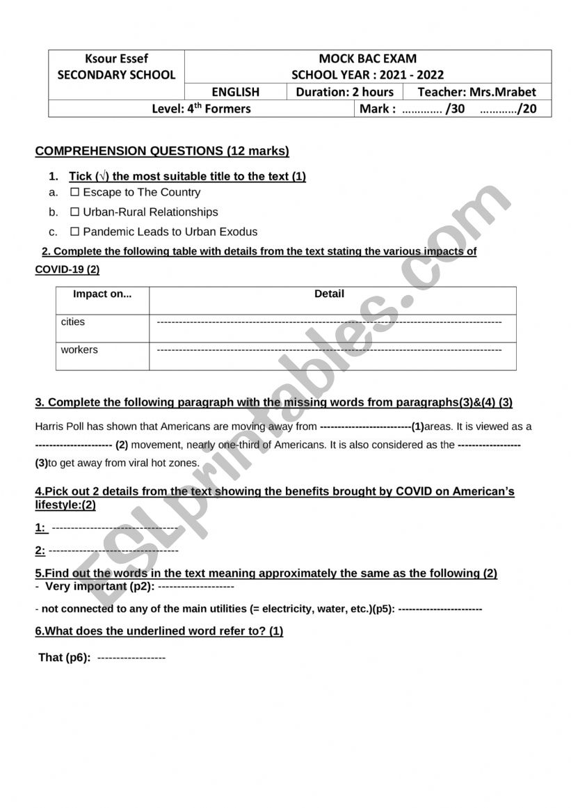 Mock back exam Tunisian Program