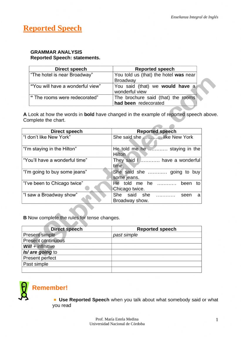 Reported Speech worksheet