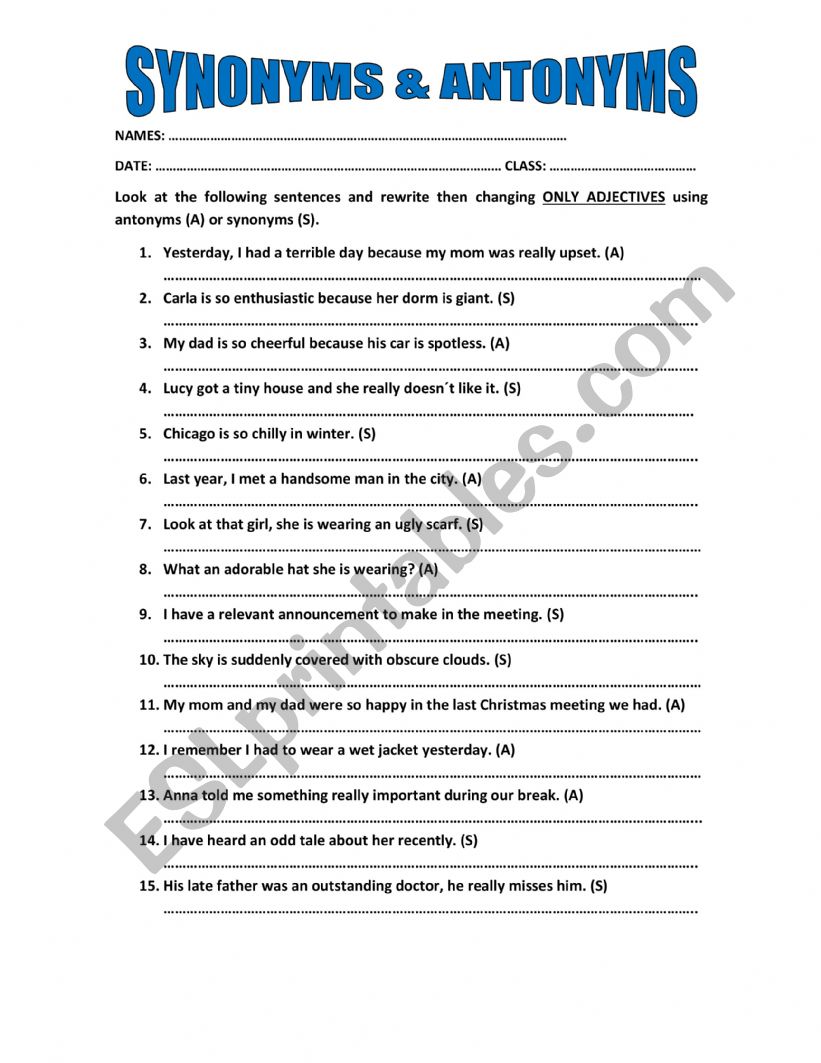 SYNONYMS AND ANTONYMS worksheet