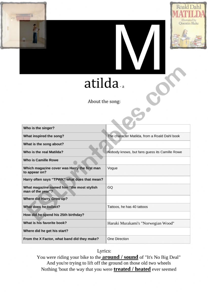 Matilda - Harry Styles worksheet