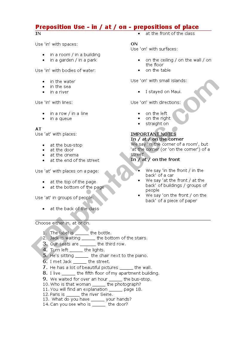 Prepositions of Place worksheet