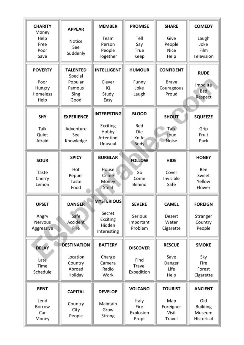 Taboo game worksheet