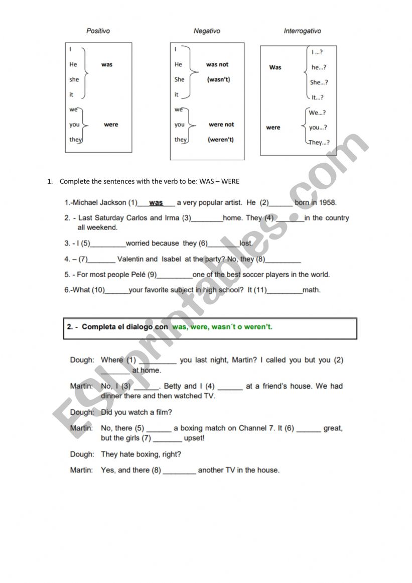 vERB tO BE PAST TENSE worksheet