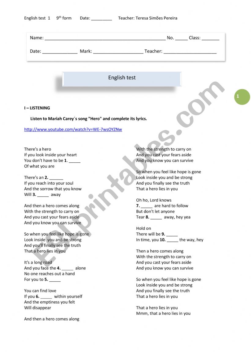 9th form English test worksheet