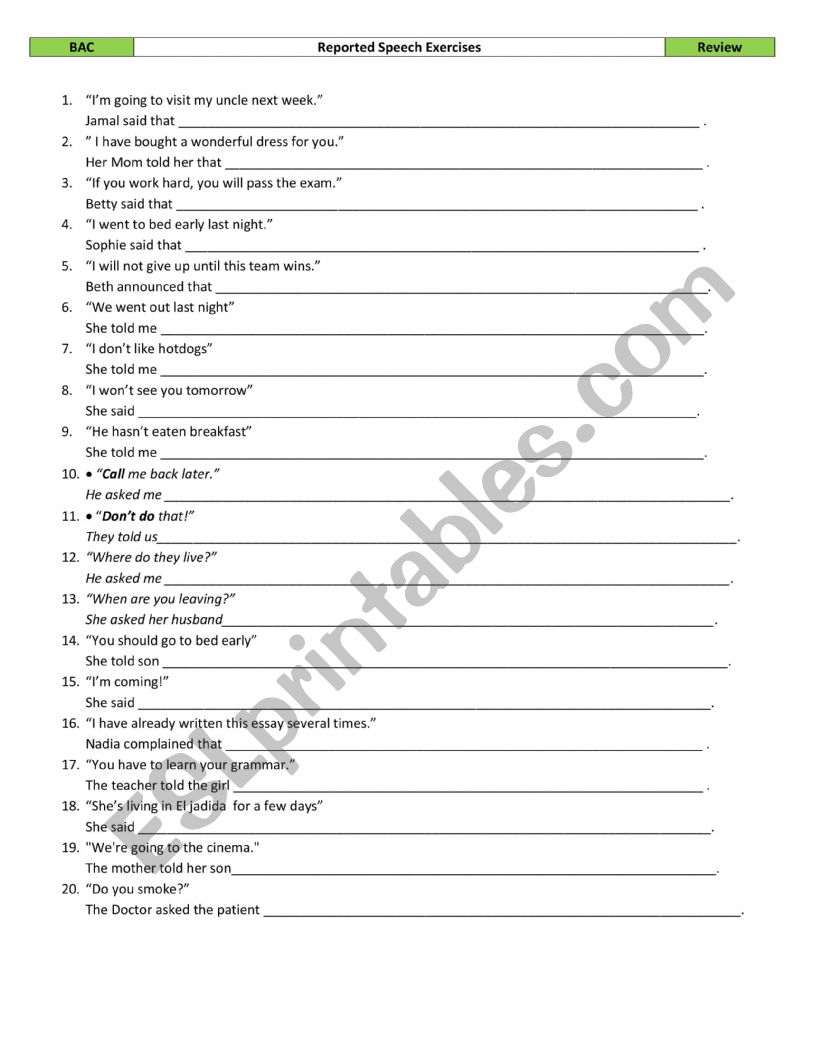 REPORTED SPEECH EXERCISES worksheet