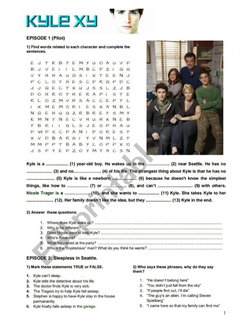 KYLE XY - episodes 1 and 2 video worksheet