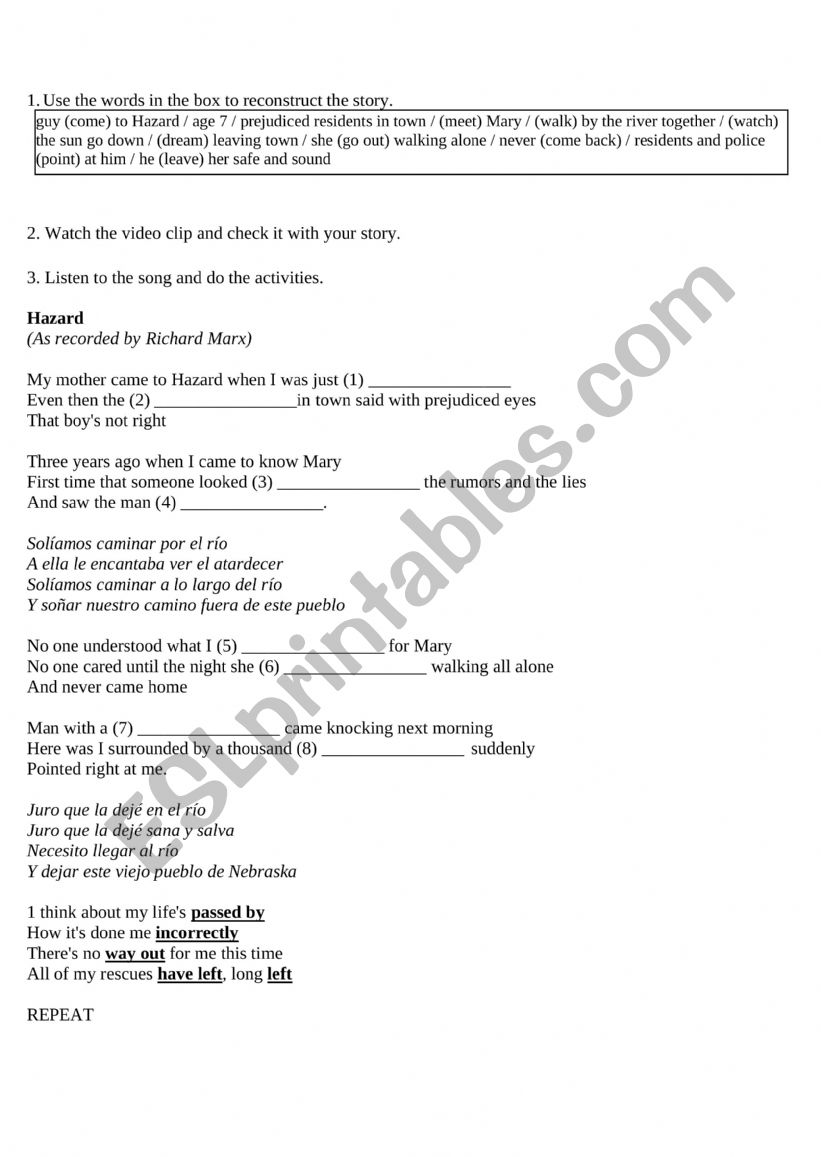 Hazard by Richard Marx worksheet