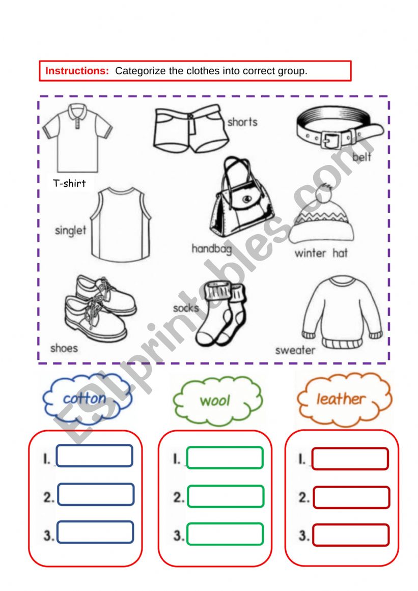 Clothes and its materials worksheet
