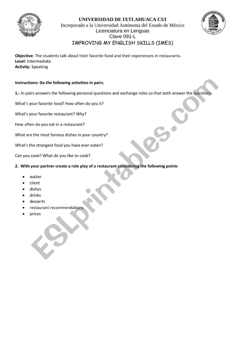 Speaking Activity worksheet