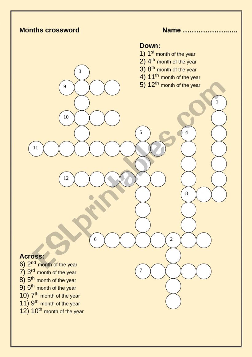 months crossword worksheet