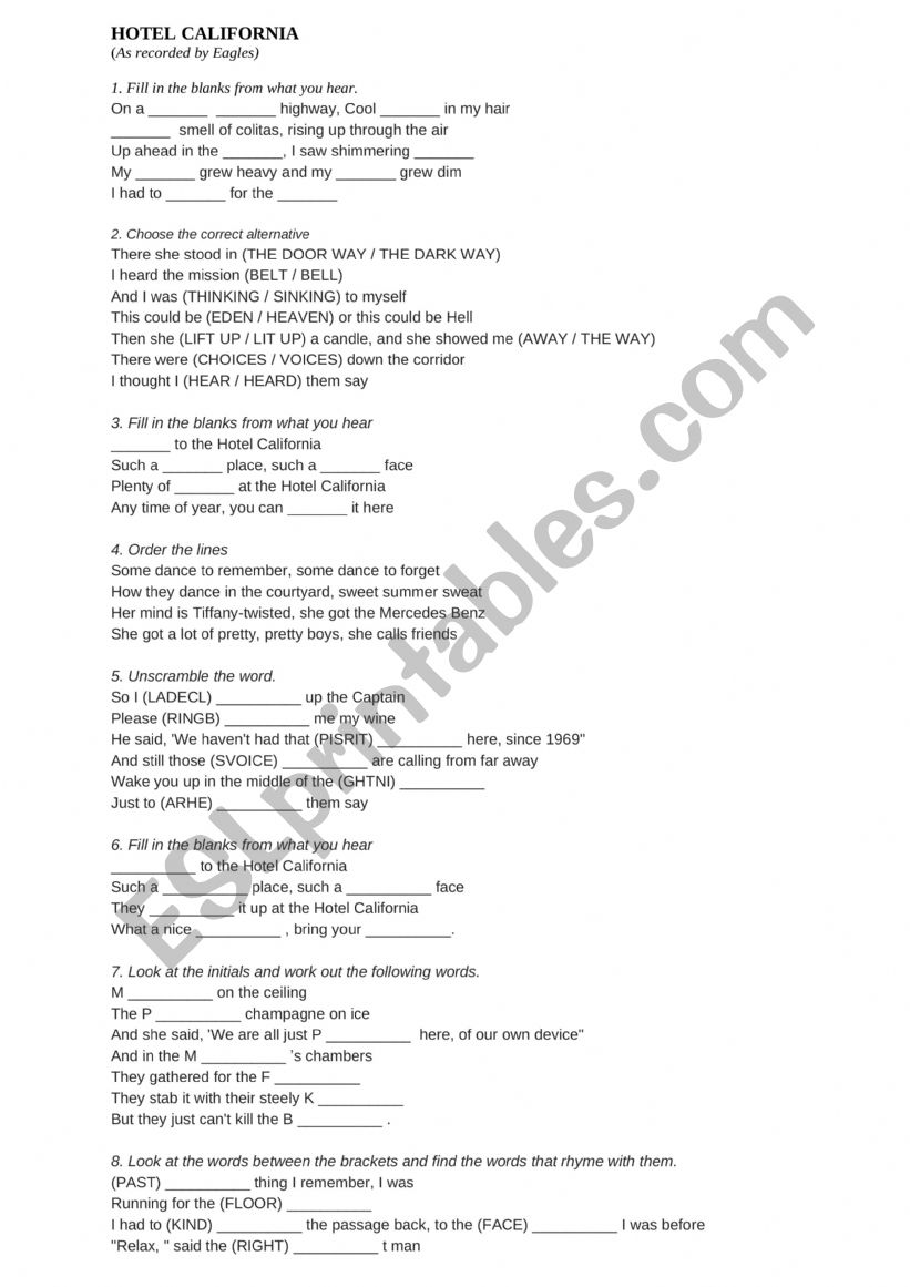Hotel California by Eagles worksheet