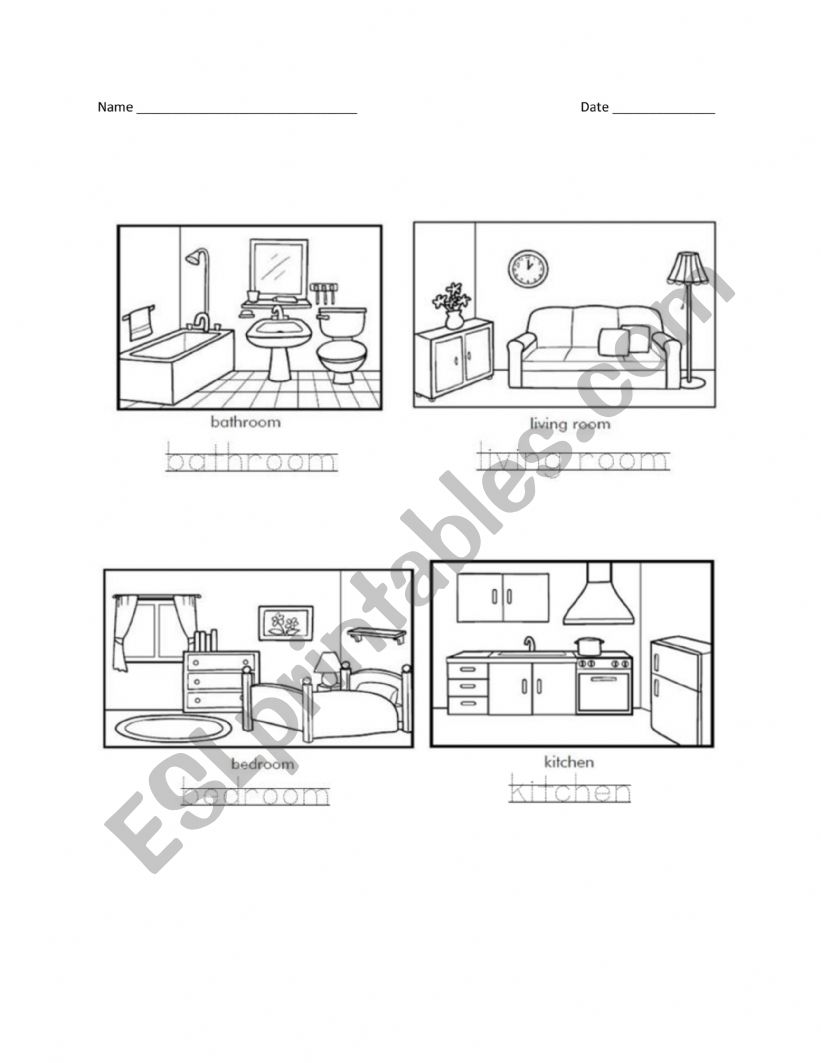 Room Tracing and Coloring - ESL worksheet by royalrobert
