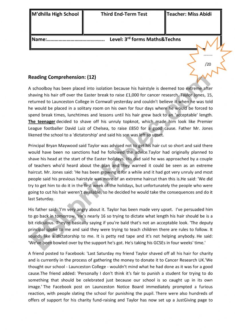 Third End-Term Test  3rd form Maths &Techns 