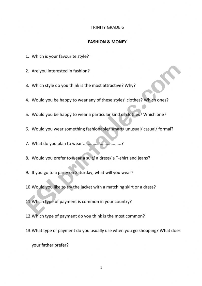 Trinity grade 6 QUESTIONNAIRE worksheet