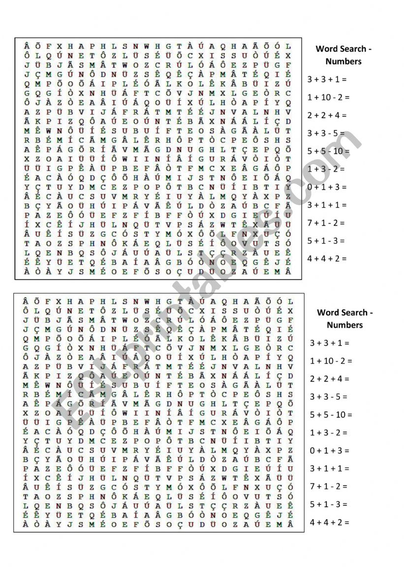 Word Search Numbers worksheet