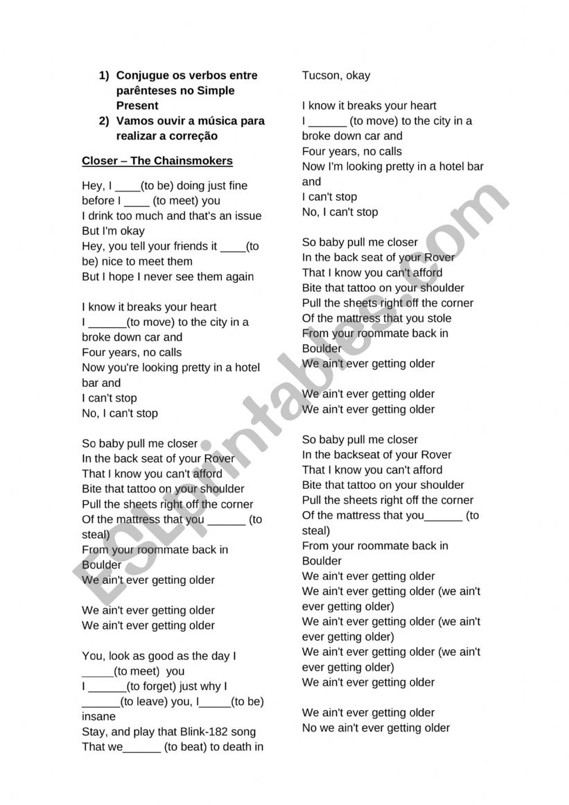 closer song worksheet
