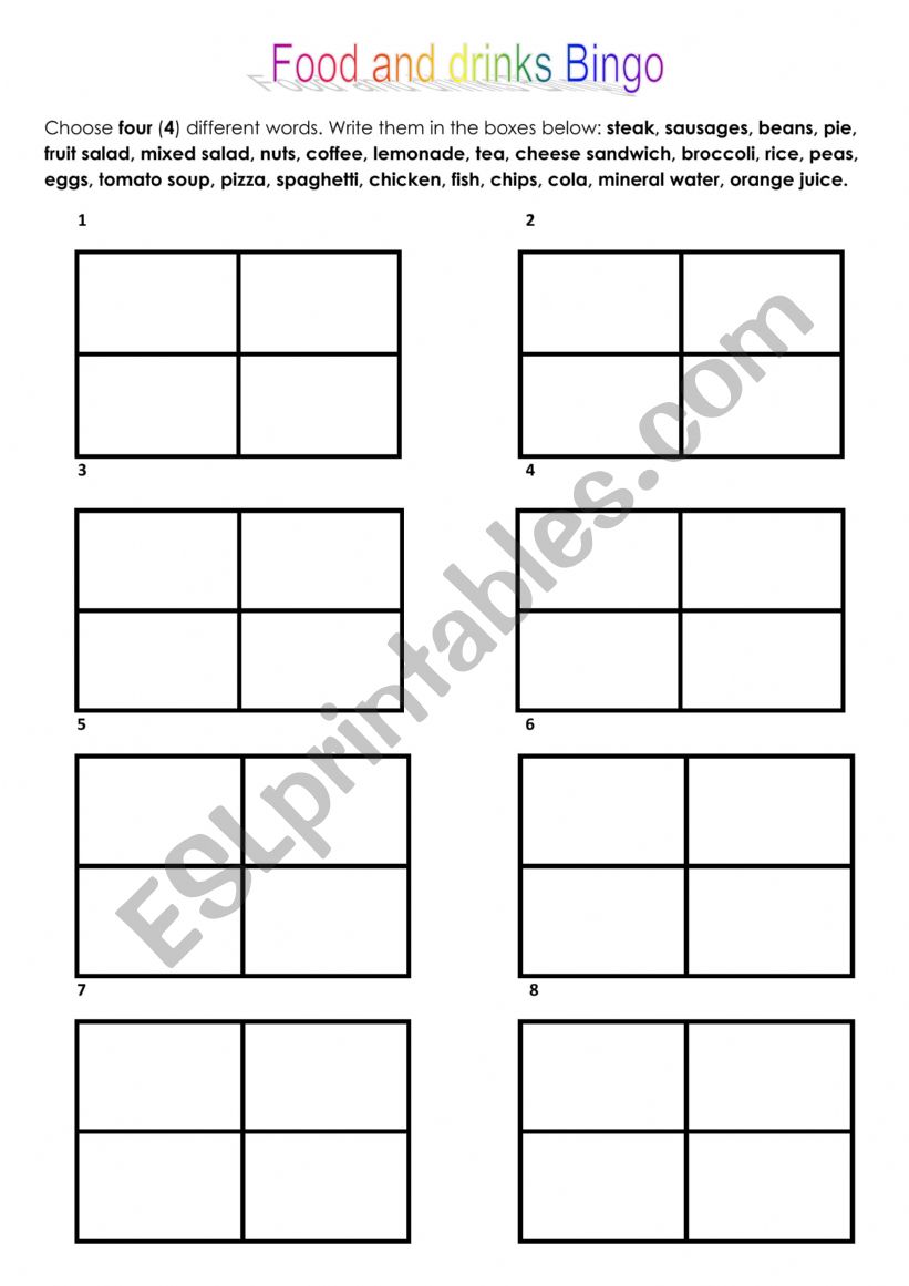 Bingo Food worksheet