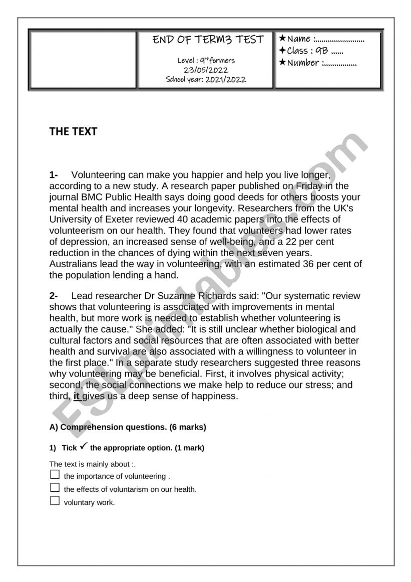 end of term 3 test worksheet