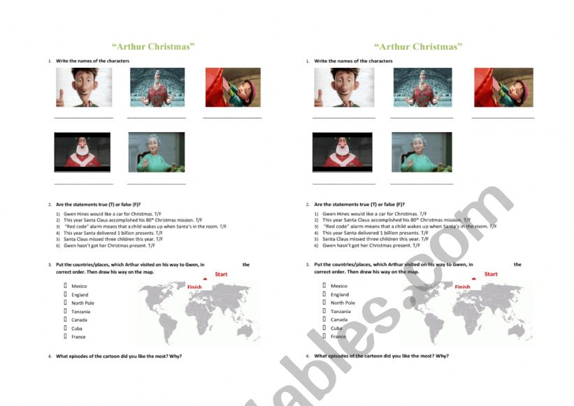 Arthur Christmas Movie Worksheet