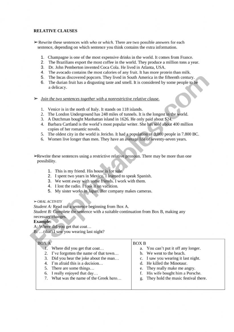 Relative clauses worksheet