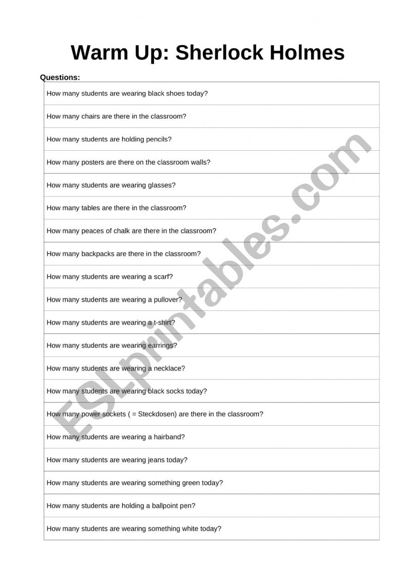 Sherlock Holmes Warm Up worksheet