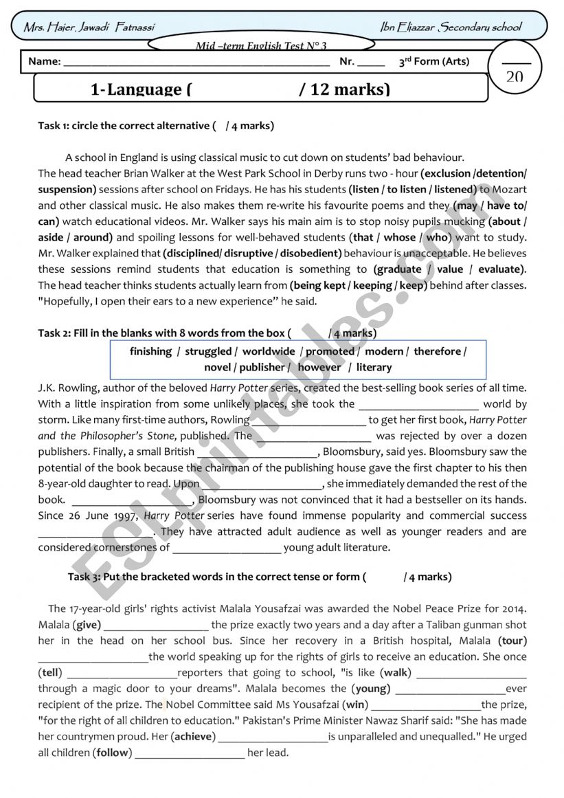 TEST FOR 3 RD FORM (ADVANCED LEVEL)