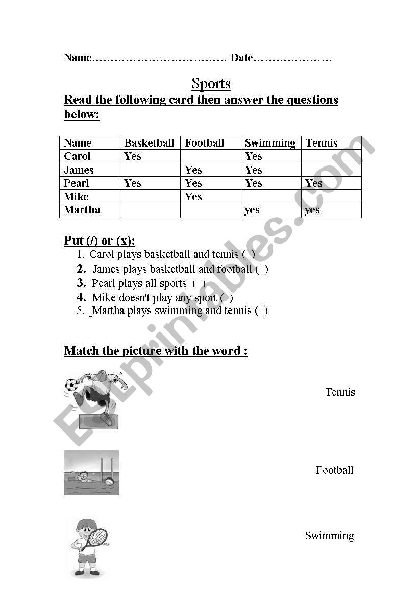 Sports worksheet