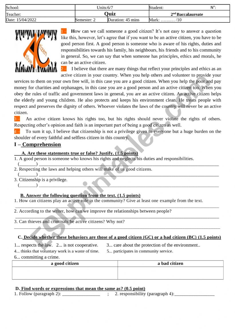 active citizenship worksheet