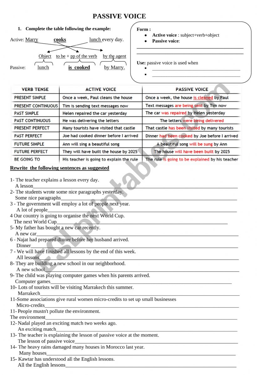 passive  worksheet