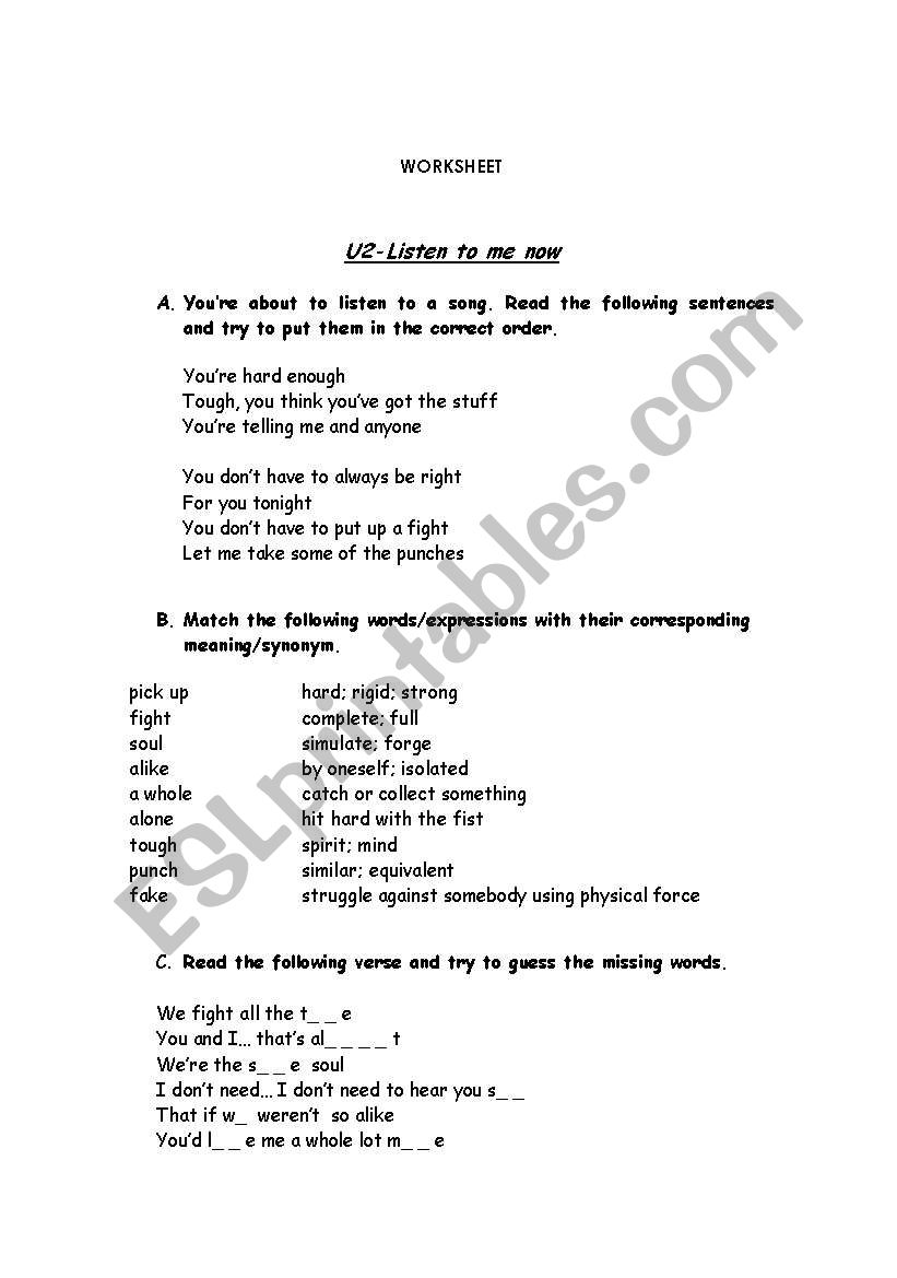 Listen to me now- U2 worksheet