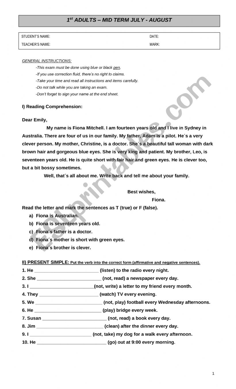 exam 1st adults worksheet