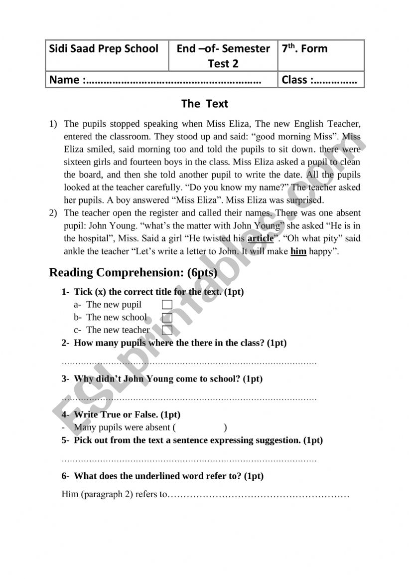 english test 2  worksheet