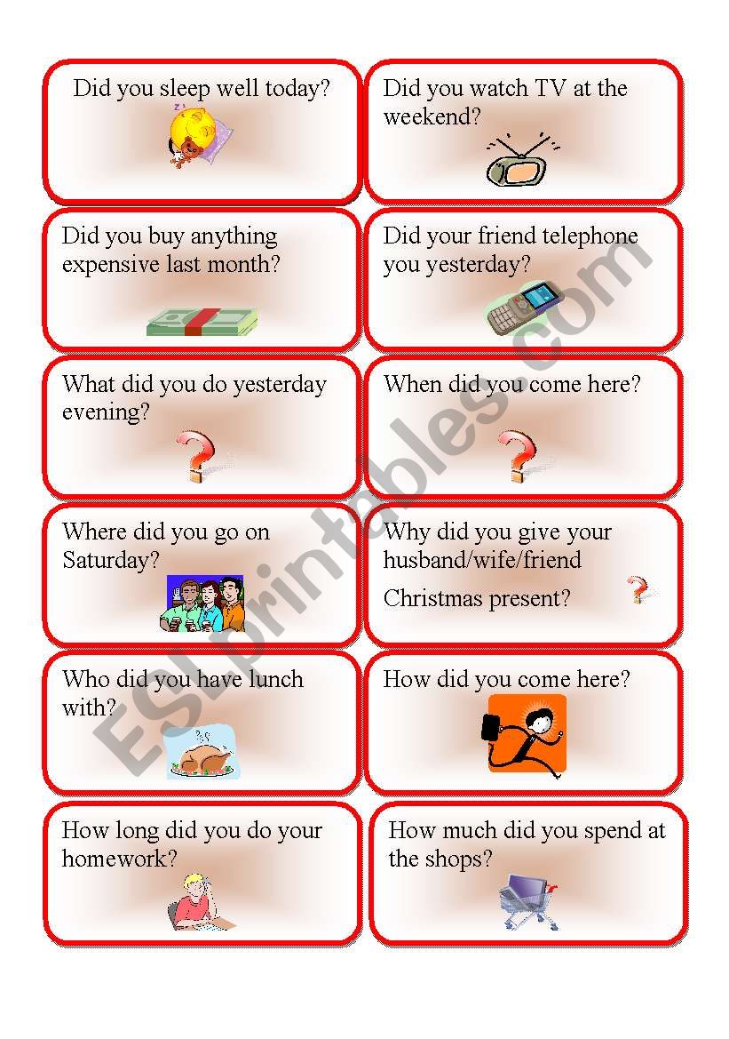 Past simple question cards worksheet