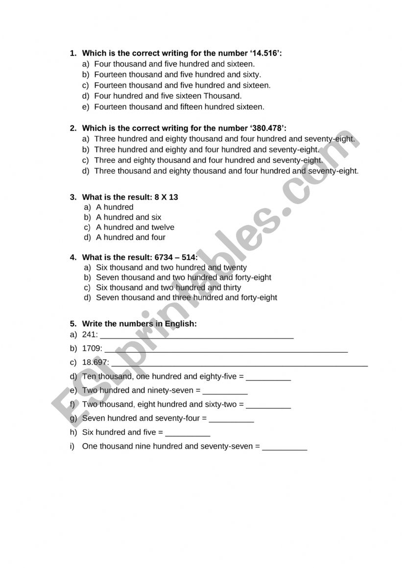 BIG NUMBER EXERCISES worksheet