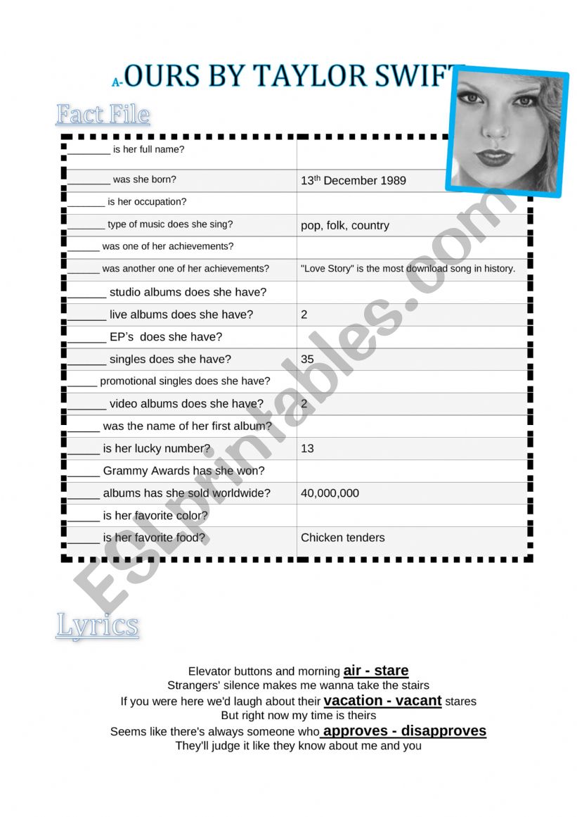 Ours - Taylor Swift worksheet