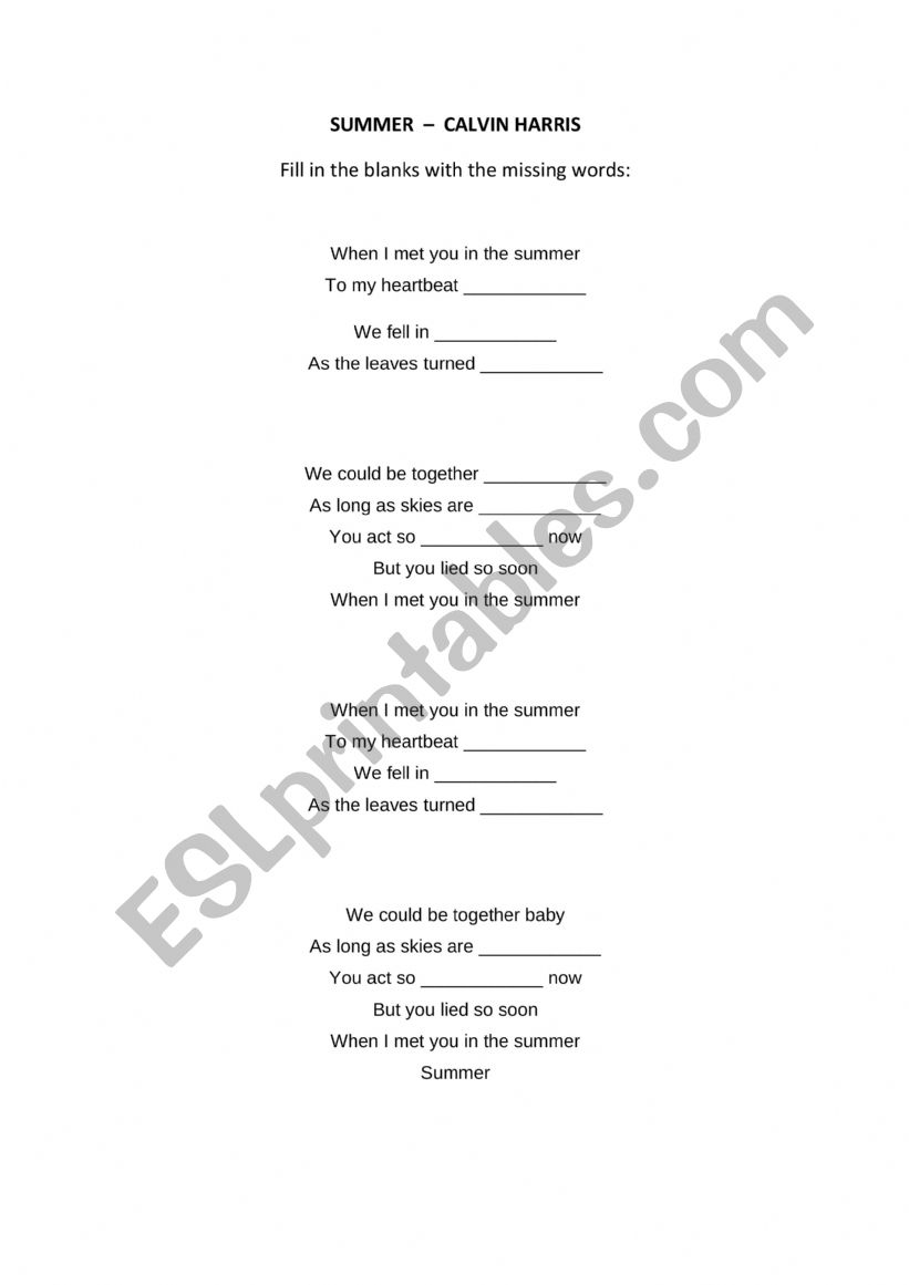 Summer - Calvin Harris worksheet